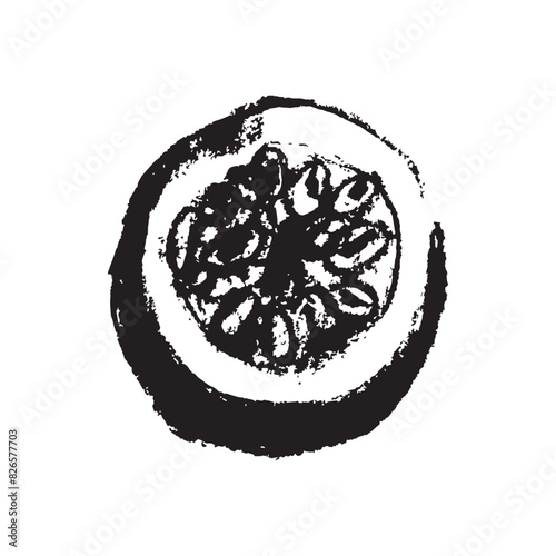 Passion fruit vector drawing in hand drawn style with rough charcoal and graphite texture. Flat black and white granadilla symbol for cosmetics or yogurt packaging and healthy vegetarian food labels.