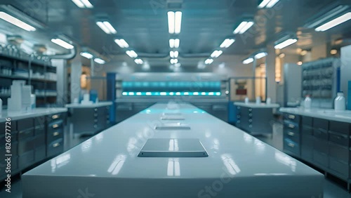 A spacious, ultramodern laboratory with stainless steel surfaces and bright overhead lighting, featuring organized workstations and storage cabinets.