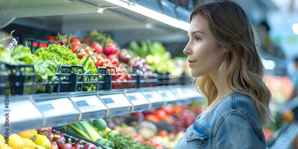 Woman making informed grocery choices based on price ingredients and nutrition. Concept Budgeting, Nutrition, Smart Shopping, Meal Planning, Grocery Choices