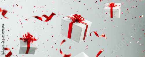 Wallpaper of white gift boxes with red bows falling, surrounded by festive red confetti and ribbons.