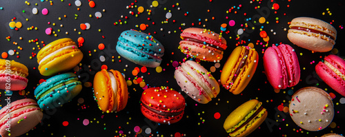 Wallpaper showing colorful macarons of different flavors falling with colorful sprinkles.
