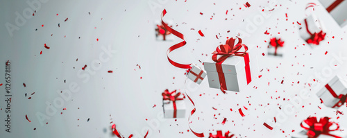 White backdrop with numerous gift boxes tied with red ribbons, surrounded by red confetti and ribbons.