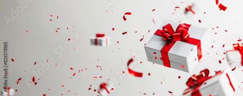Festive background with white gift boxes and red bows, accompanied by red confetti and ribbons.