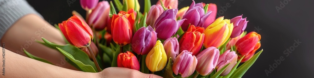 Fototapeta premium A woman tender grasp cradles a vivid array of tulips