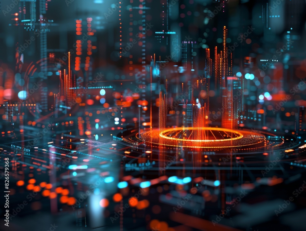 Fototapeta premium Futuristic digital interface with glowing data visualization in a virtual reality environment, showcasing advanced technology and innovation.