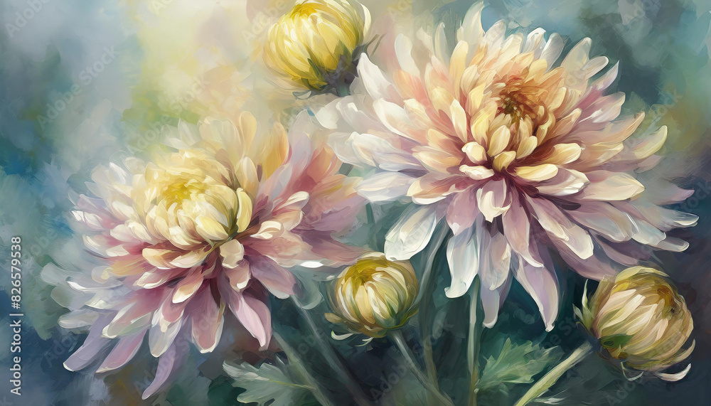Fototapeta premium Beautiful digital painting close up of a bunch of Chrysanthemum flowers, oil painting floral bouquet