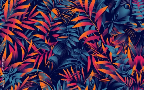 Fototapeta Naklejka Na Ścianę i Meble -  Abstract jungle foliage in vibrant hues of red, orange, and blue, creating a tropical and lively atmosphere.