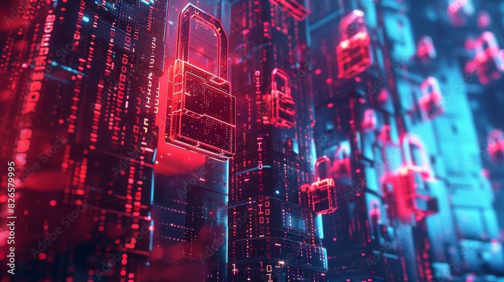 Obraz premium Illustrate a digital fortress, intricate cyber locks, glowing with binary codes, protecting a vault of personal data Render in a sleek, modern digital style