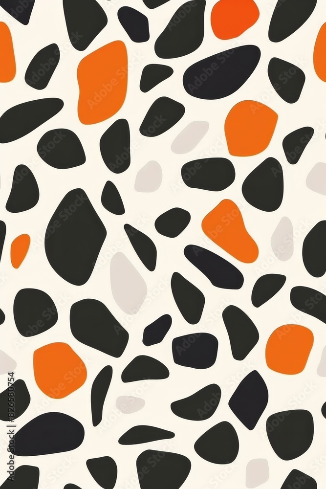 A modern abstract pattern featuring irregular organic shapes in black, orange, and beige on a cream background. A modern abstract pattern featuring irregular organic shapes in black, orange, and beige on a cream background.