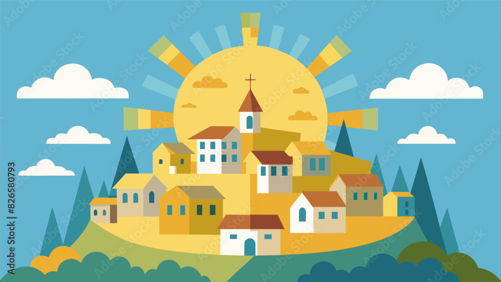 The sun crowned the village with a halo of light representing the potential for growth and prosperity in the days ahead.. Vector illustration