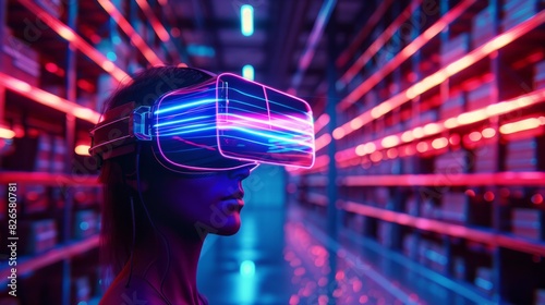 Future virtual reality technology for innovative VR warehouse management . Concept of smart technology for industrial revolution and automated logistic control