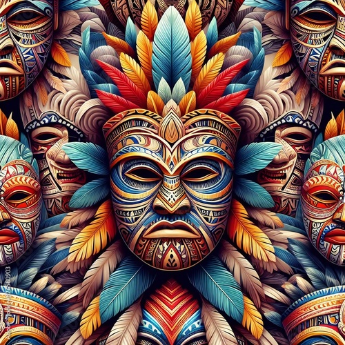Colorful Polynesian Tiki Masks Pattern