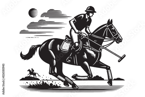 Polo player riding a horse. Vintage vector engraving illustration, emblem. Black contour lines