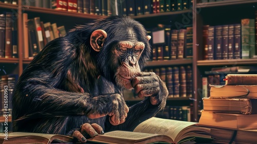 chimpanzee at library intelligent primate reading books surreal animal concept illustration