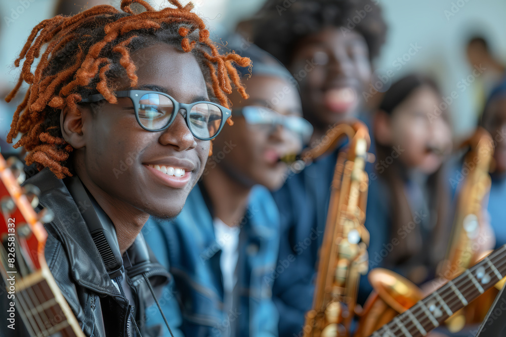 Students in a music class practicing with guitars, keyboards, and saxophones, having a joyful time.. AI generated. Students in a music class practicing with guitars, keyboards, and saxophones, having a joyful time.. AI generated.