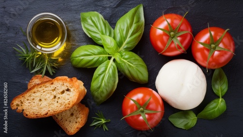 Fresh ripe basil leaves with aromatic tomatoes and italian mozzarella on the table next to bruschetta and olive oil with Provencal herbs.