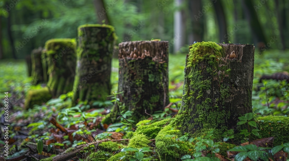Decayed wooden stumps in an ancient forest covered with moss Decayed wooden stumps in an ancient forest covered with moss
