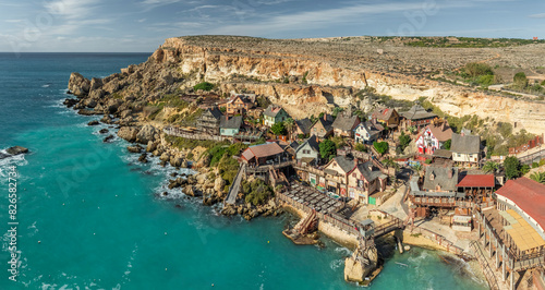 Aerial view of Popeye village by the Mediterranean Sea, Mellieha, Malta. photo