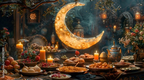 Crescent Moon Over Traditional Ramadan Iftar Table Evoking Spiritual Togetherness photo