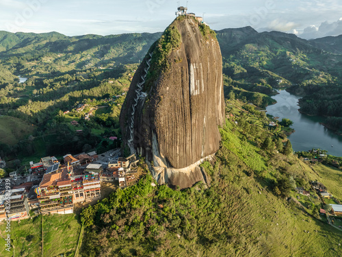 Aerial view of Embalse de Penol with La Piedra del Penol, Guatape, Colombia.