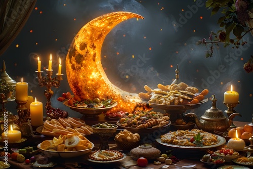 Crescent Moon Over Traditional Ramadan Table A Symbol of Spiritual Feast photo