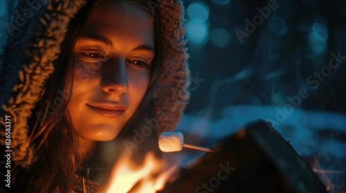 A close up of a woman with black hair, amber eyes, and a smile as she looks at the fire. Her nose and eyebrows are highlighted by the heat, while her eyelashes flutter in the fun of the moment AIG50