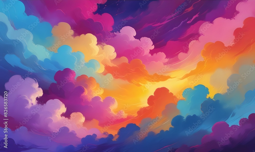 Holographic fantasy rainbow unicorn background with clouds and stars. Pastel color sky. Magical landscape, abstract fabulous pattern. Cute candy wallpaper