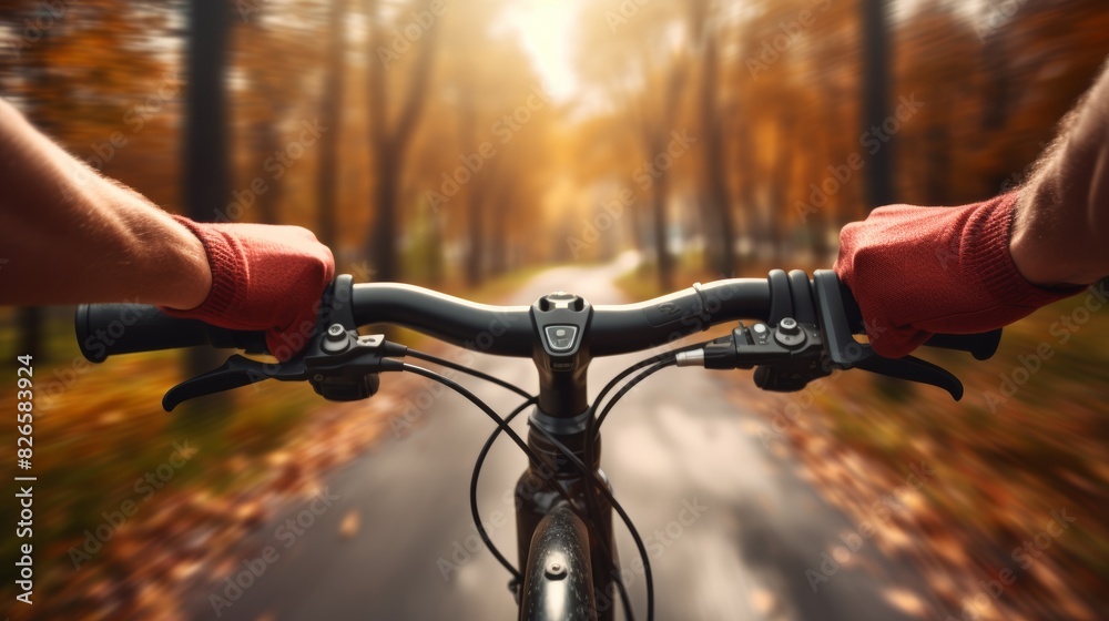 A close-up photo of a cyclist's hands gripping the handlebars as they pedal through a vibrant autumn landscape. A close-up photo of a cyclist's hands gripping the handlebars as they pedal through a vibrant autumn landscape.