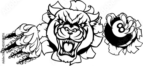 A panther angry mean pool billiards mascot cartoon character holding a black 8 ball.