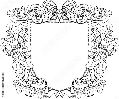 A shield crest heraldic armorial medieval family coat of arms design with filigree heraldry illustration in vintage woodcut style
