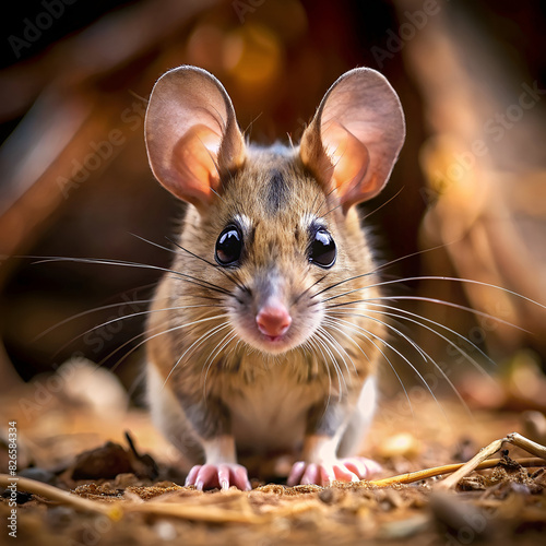 Close-up of an adorable mouse with large ears and bright eyes in a natural setting