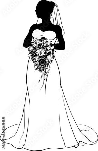A woman bride in a bridal wedding dress in a silhouette