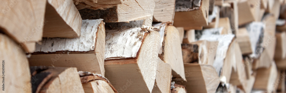 Preparation of firewood for the winter. View of the fragment woodpile of firewood. Chopped firewood is randomly placed in a pile. The ends of chopped firewood close-up, side view. Preparation of firewood for the winter. View of the fragment woodpile of firewood. Chopped firewood is randomly placed in a pile. The ends of chopped firewood close-up, side view.