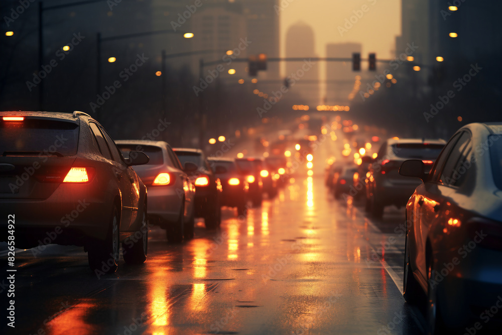 Cars are moving along a wet highway during a sunset, under a cloudy sky Cars are moving along a wet highway during a sunset, under a cloudy sky