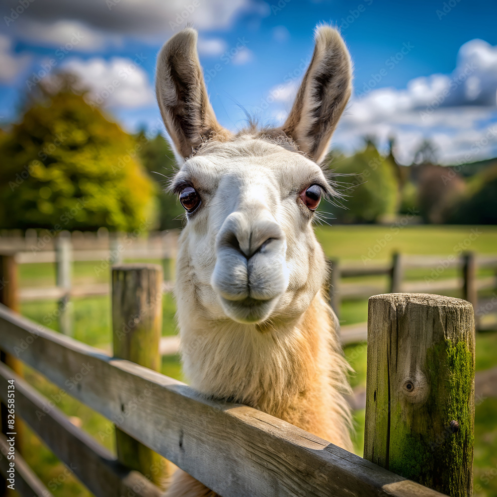 Close-up of a llama's face with blurred greenery in the background
