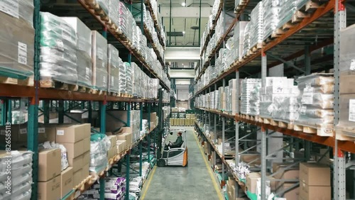 Organized warehouse aisles, An employee of the logistics warehouse puts the cargo on the shelf with a forklift