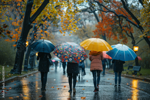 A group of friends enjoying a walk in the park  each carrying different patterned umbrellas in the rain.. AI generated.