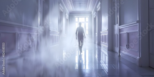 A figure walking in a dimly lit hallway perfect for horror scenes. Concept Horror Setting, Creepy Hallway, Figure Silhouette, Eerie Atmosphere, Mysterious Shadows