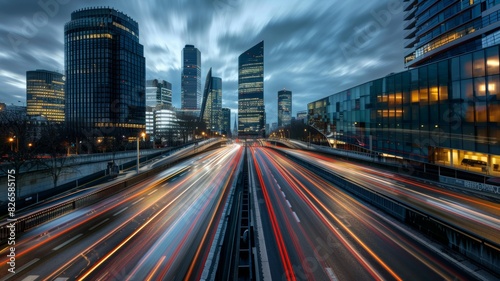 wide angle photo of a city road with a speed blur in the evening.