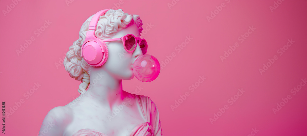 goddess in pink sunglasses and headphones, blowing bubblegum. Greek statue,modern art, pop culture fusion, contemporary decor, trendy advertisement, youth fashion campaigns, quirky interior design goddess in pink sunglasses and headphones, blowing bubblegum. Greek statue,modern art, pop culture fusion, contemporary decor, trendy advertisement, youth fashion campaigns, quirky interior design