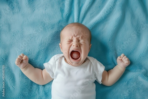 Little baby newborn crying, cry scream, cries loudly. New born child tired, hungry in bed on blue blanket. Infant child screaming. Healthy little kid shortly after birth. Close Up Portrait. Top view