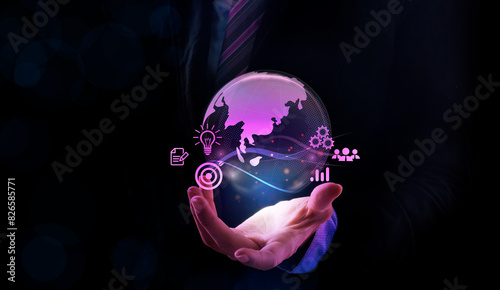Businessman holding global network connection application technology and digital marketing, Financial and banking, adjusting interest rates, raising interest rates to fight inflation,