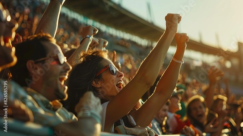 excited spectators cheering for favorite driver at racetrack grandstand digital photography photo