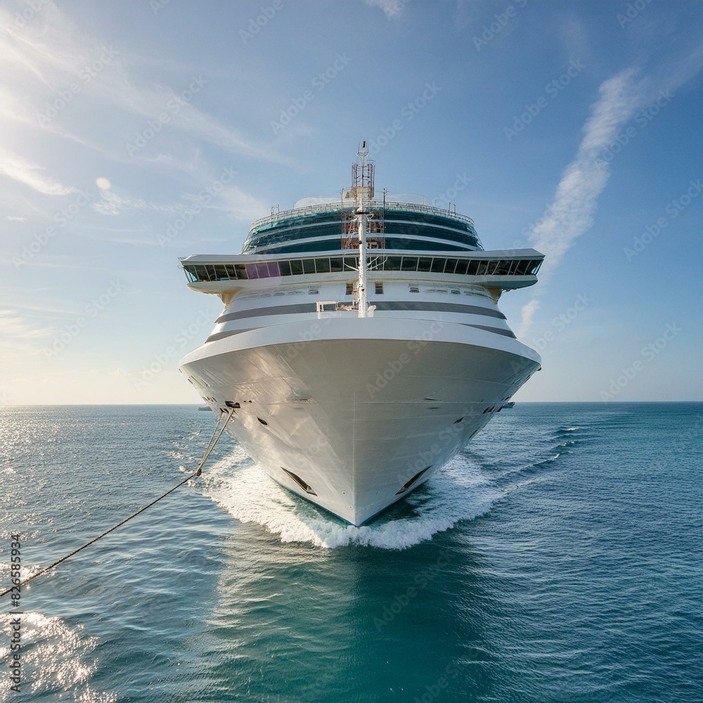 Naklejka premium A massive cruise ship cruising through the vast ocean under a clear sky