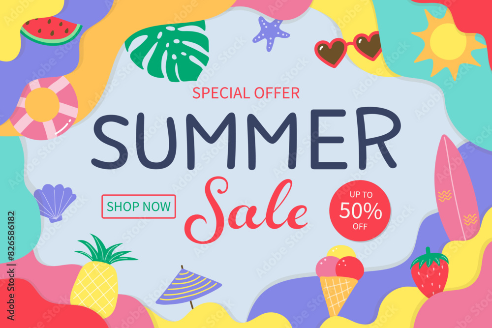 Naklejka premium Colourful abstract Summer Sale background. Poster or banner with holiday elements. Vector illustration