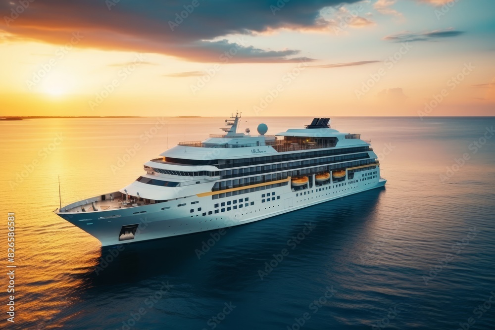 Luxury cruise ship in mediterranean sea at sunset, perfect for luxury vacation and tourism Luxury cruise ship in mediterranean sea at sunset, perfect for luxury vacation and tourism