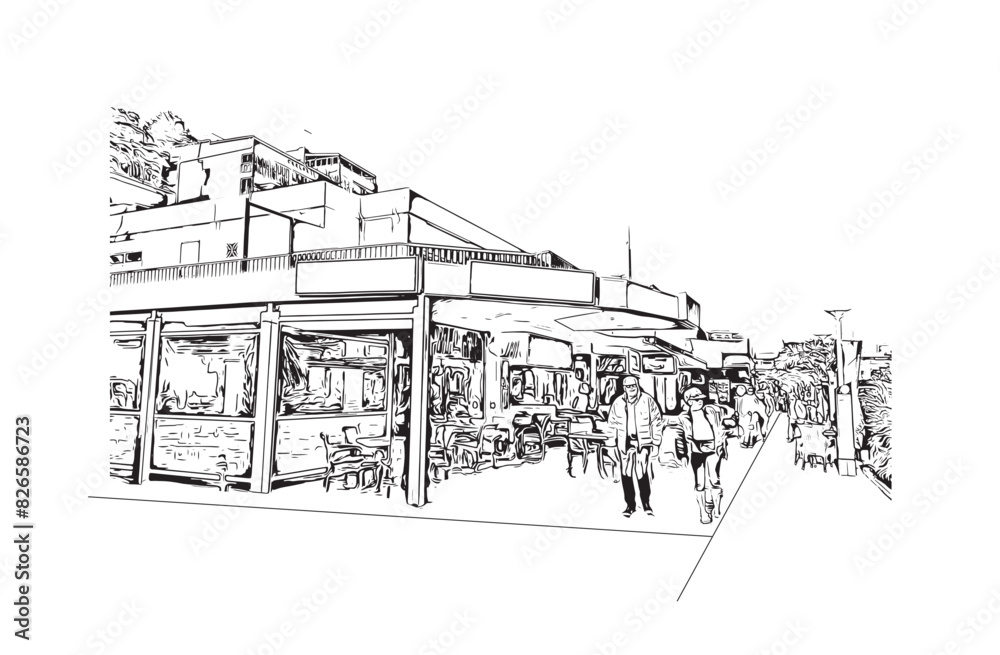 Print Building view with landmark of Santa Ponsa is the village in Spain. Hand drawn sketch illustration in vector.