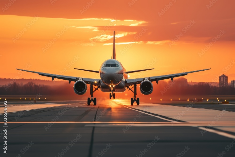 Large commercial jet taking off at sunrise or sunset with landing gear extended from airport Large commercial jet taking off at sunrise or sunset with landing gear extended from airport