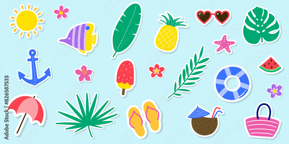 Set with cartoon summer stickers. Design with colourful icons. Vector illustration Set with cartoon summer stickers. Design with colourful icons. Vector illustration