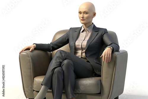 3d Bald Businesswoman Sitting On Arm Chair, Isolated On White Background, 3d illustration 